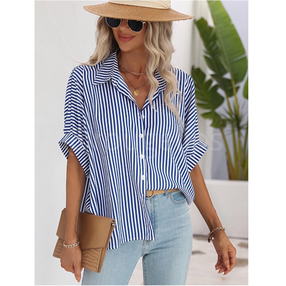Striped Blue White Button Up Front Shirt Oversized Half Sleeve Collar - Picture 5 of 9